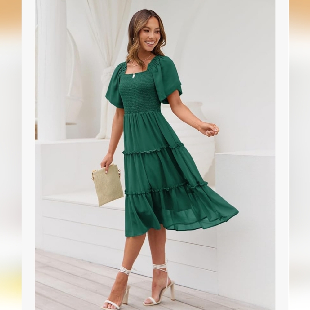 Smocked Square Neck Tiered Midi Dress - Picture 4 of 12